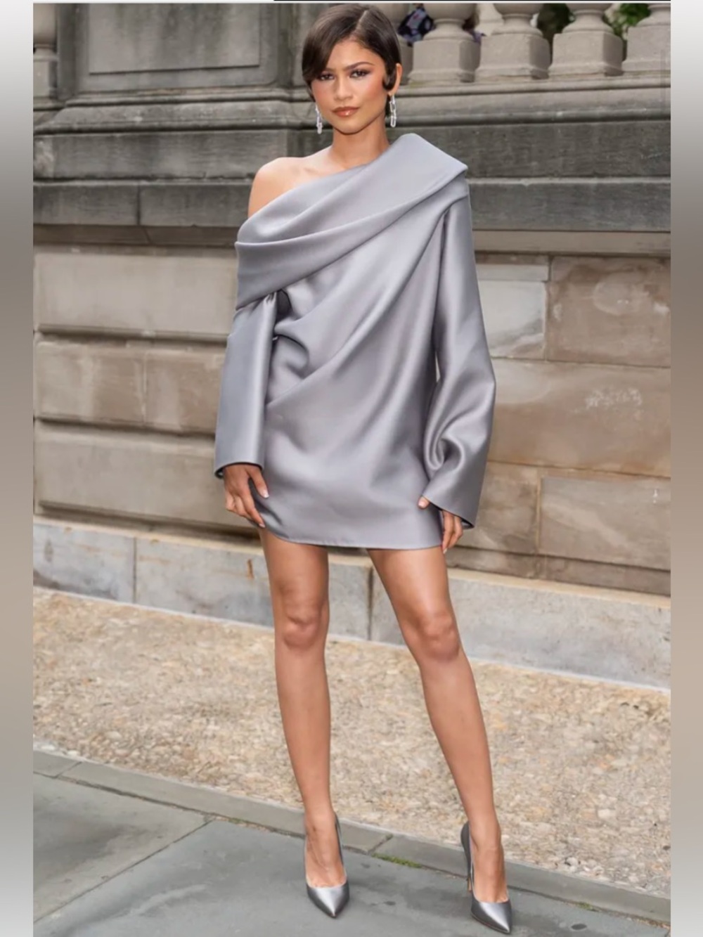 Channel Zendaya w/ Silk Halston slate grey dress - NWOT, size M